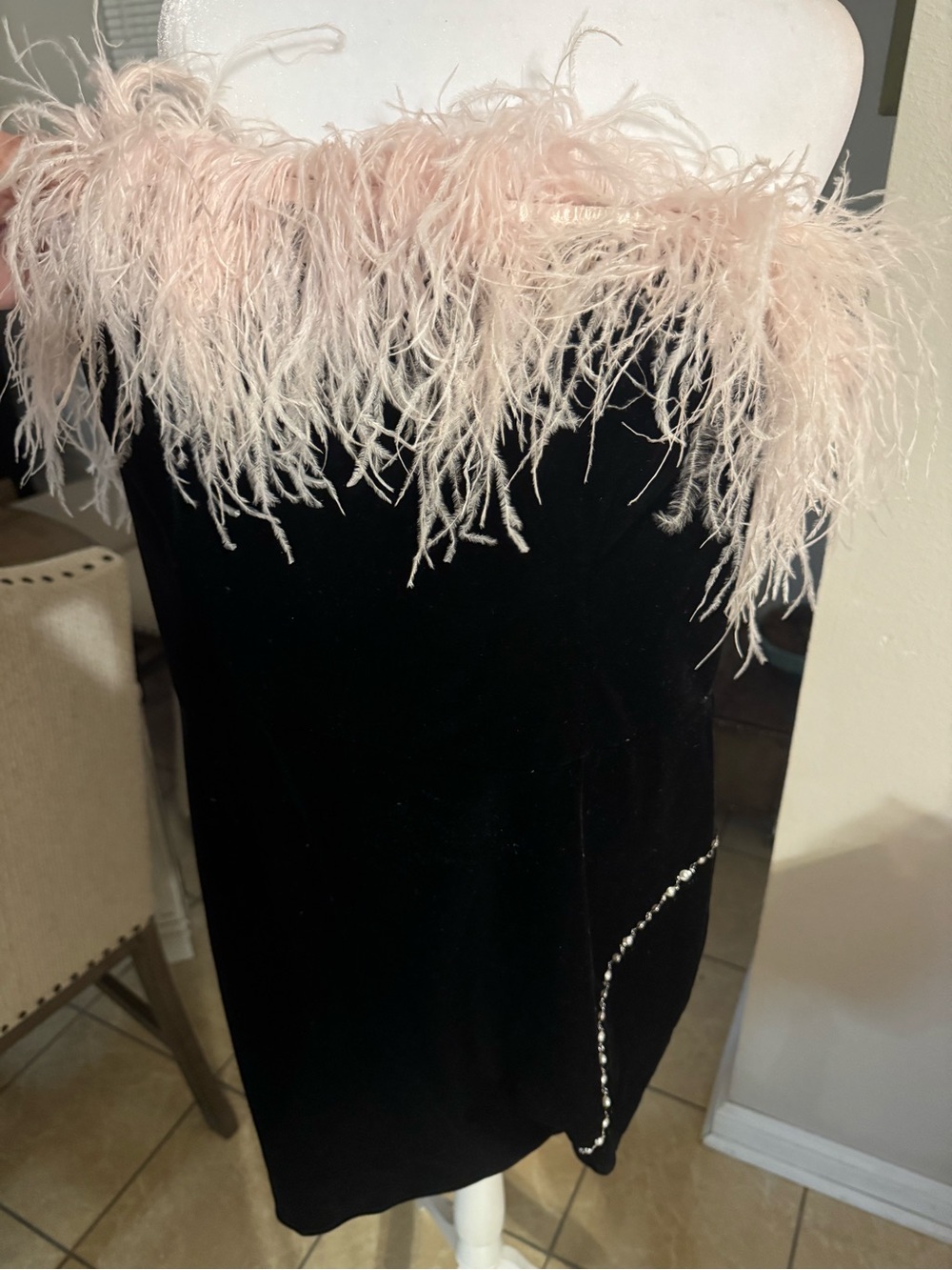 Ellie Wilde Mon Cheri black velvet pink ostrich maribou feather dress & gloves